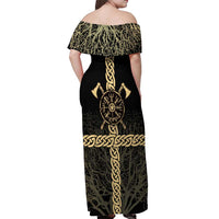 Vegvisir Compass Viking Off Shoulder Maxi Dress with Yggdrasil Tree and Axe Symbols Norse Mythology Tribute - Wonder Print Shop