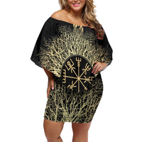 Vegvisir Compass Viking Off Shoulder Short Dress with Yggdrasil Tree and Axe Symbols Norse Mythology Tribute - Wonder Print Shop