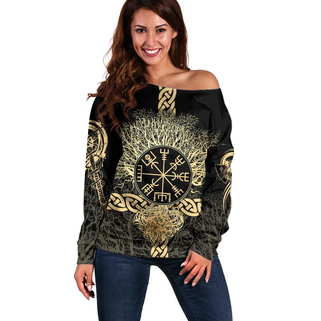 Vegvisir Compass Viking Off Shoulder Sweater with Yggdrasil Tree and Axe Symbols Norse Mythology Tribute - Wonder Print Shop