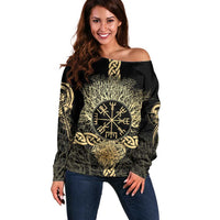 Vegvisir Compass Viking Off Shoulder Sweater with Yggdrasil Tree and Axe Symbols Norse Mythology Tribute - Wonder Print Shop