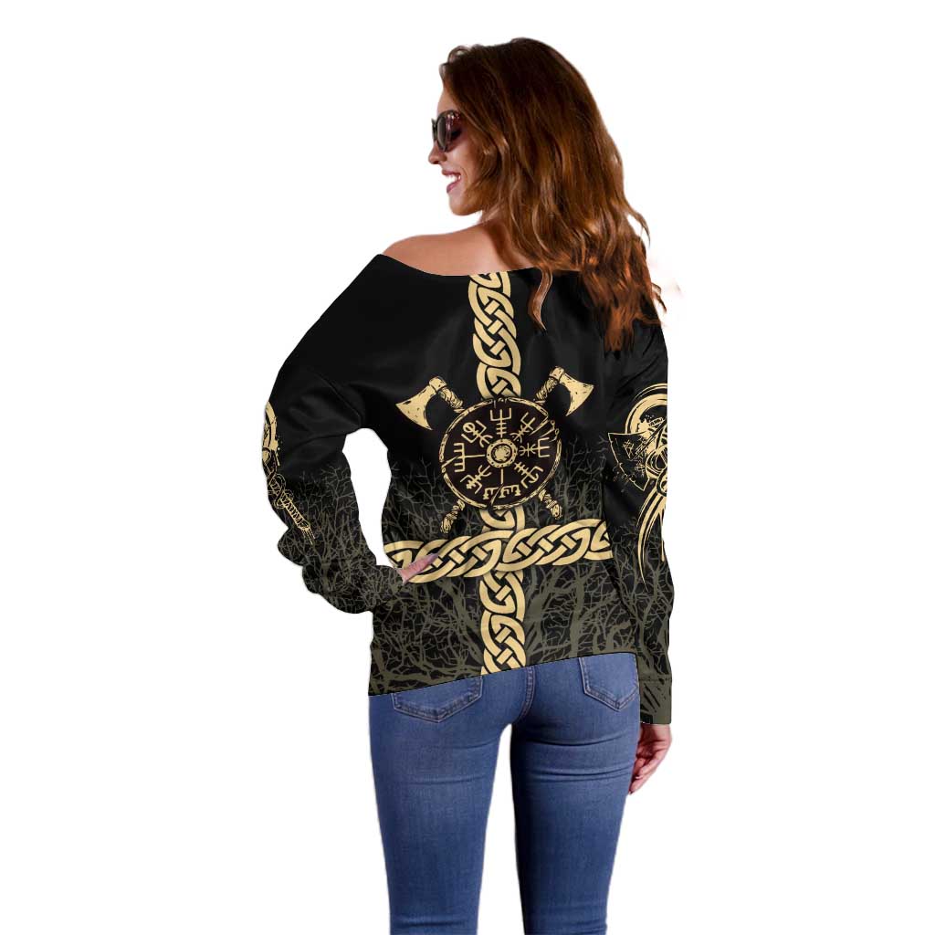 Vegvisir Compass Viking Off Shoulder Sweater with Yggdrasil Tree and Axe Symbols Norse Mythology Tribute - Wonder Print Shop