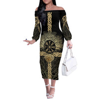 Vegvisir Compass Viking Off The Shoulder Long Sleeve Dress with Yggdrasil Tree and Axe Symbols Norse Mythology Tribute - Wonder Print Shop