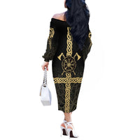 Vegvisir Compass Viking Off The Shoulder Long Sleeve Dress with Yggdrasil Tree and Axe Symbols Norse Mythology Tribute - Wonder Print Shop