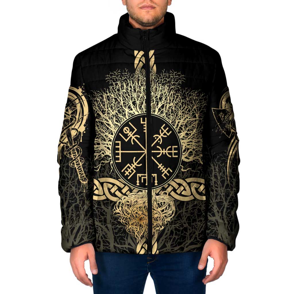 Vegvisir Compass Viking Padded Jacket with Yggdrasil Tree and Axe Symbols Norse Mythology Tribute - Wonder Print Shop