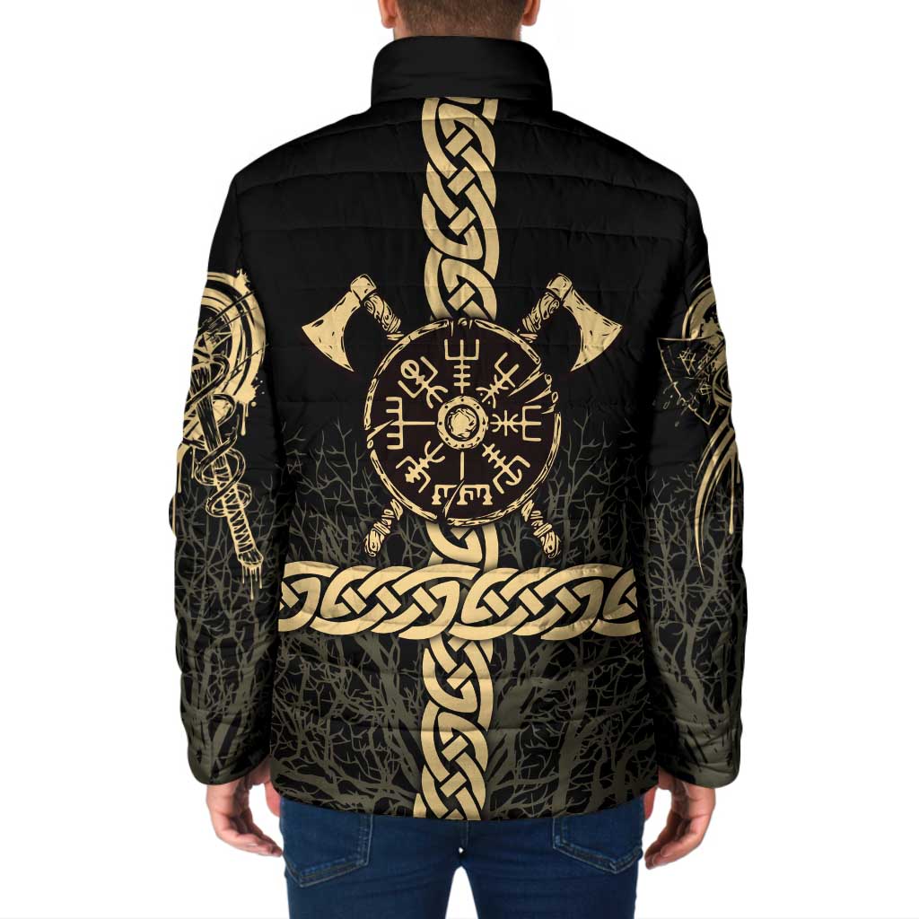 Vegvisir Compass Viking Padded Jacket with Yggdrasil Tree and Axe Symbols Norse Mythology Tribute - Wonder Print Shop