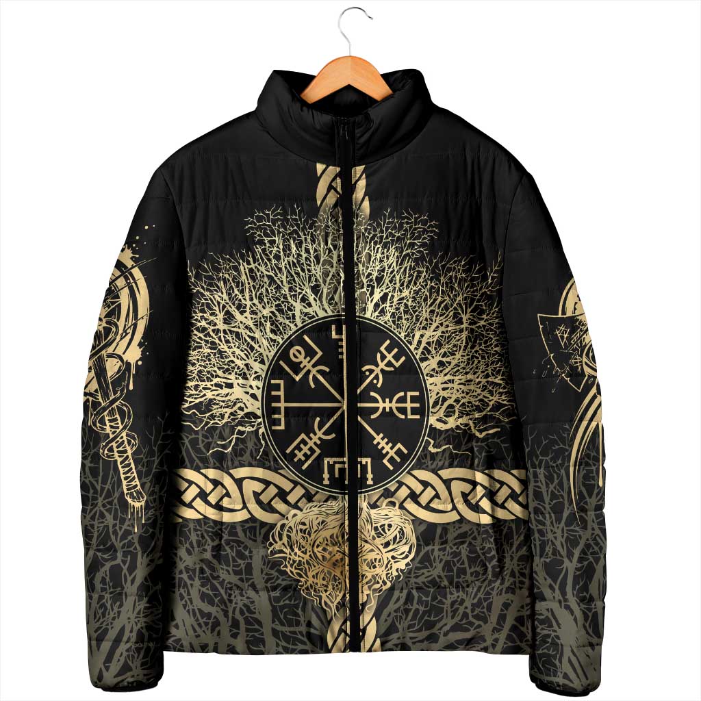 Vegvisir Compass Viking Padded Jacket with Yggdrasil Tree and Axe Symbols Norse Mythology Tribute - Wonder Print Shop