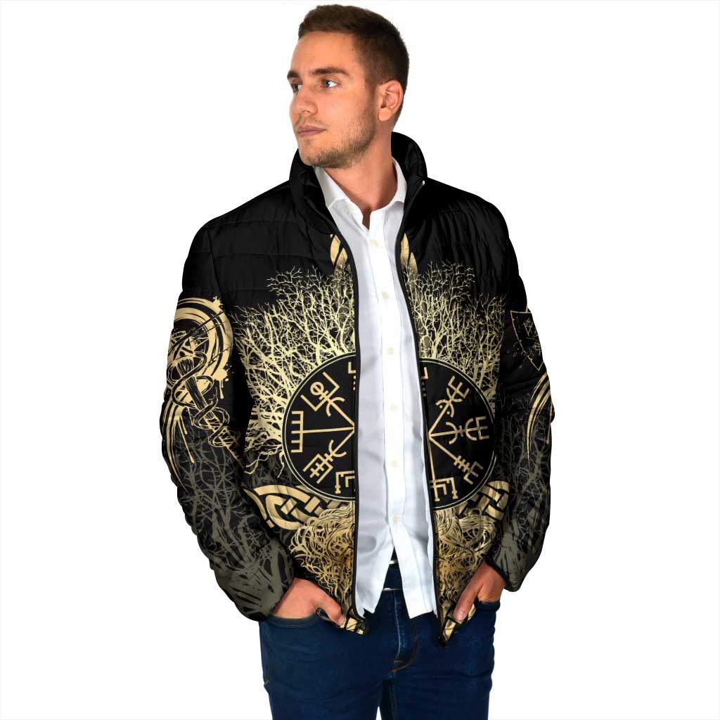 Vegvisir Compass Viking Padded Jacket with Yggdrasil Tree and Axe Symbols Norse Mythology Tribute - Wonder Print Shop