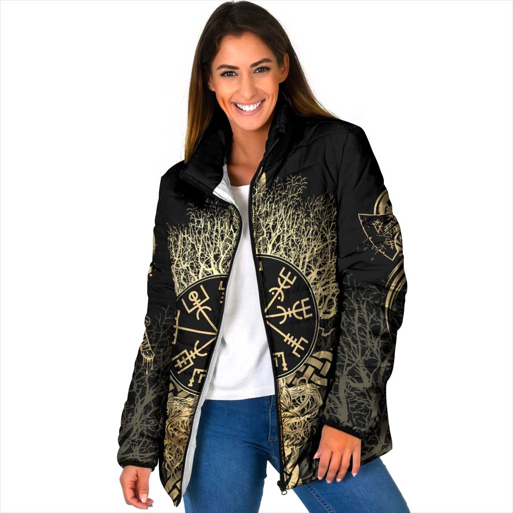 Vegvisir Compass Viking Padded Jacket with Yggdrasil Tree and Axe Symbols Norse Mythology Tribute - Wonder Print Shop