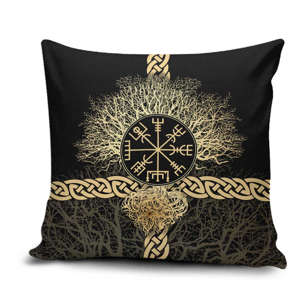 Vegvisir Compass Viking Pillow Cover with Yggdrasil Tree and Axe Symbols Norse Mythology Tribute - Wonder Print Shop
