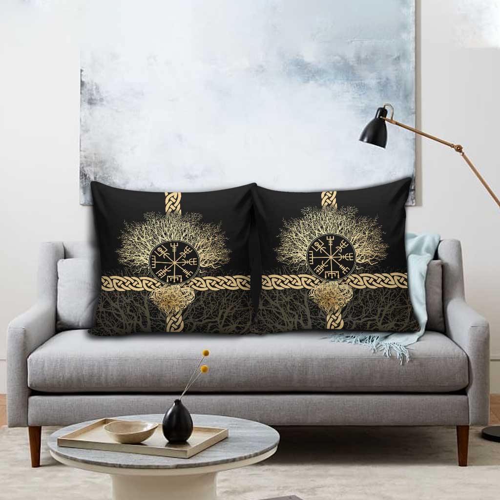 Vegvisir Compass Viking Pillow Cover with Yggdrasil Tree and Axe Symbols Norse Mythology Tribute - Wonder Print Shop