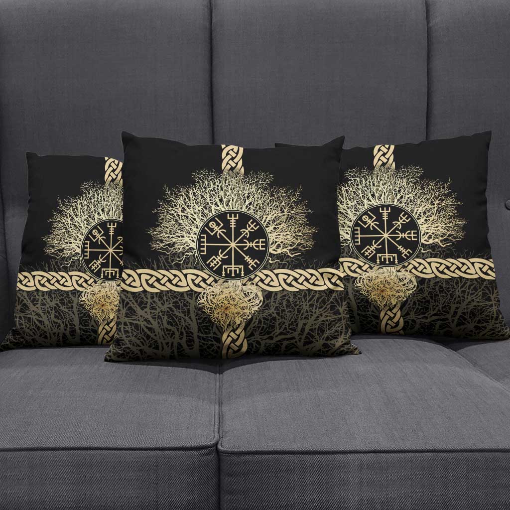 Vegvisir Compass Viking Pillow Cover with Yggdrasil Tree and Axe Symbols Norse Mythology Tribute - Wonder Print Shop