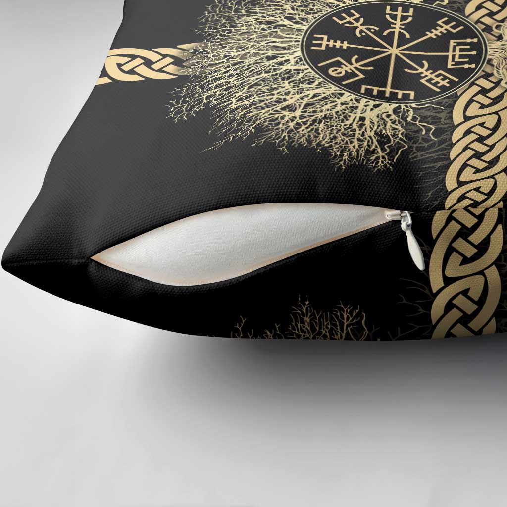 Vegvisir Compass Viking Pillow Cover with Yggdrasil Tree and Axe Symbols Norse Mythology Tribute - Wonder Print Shop