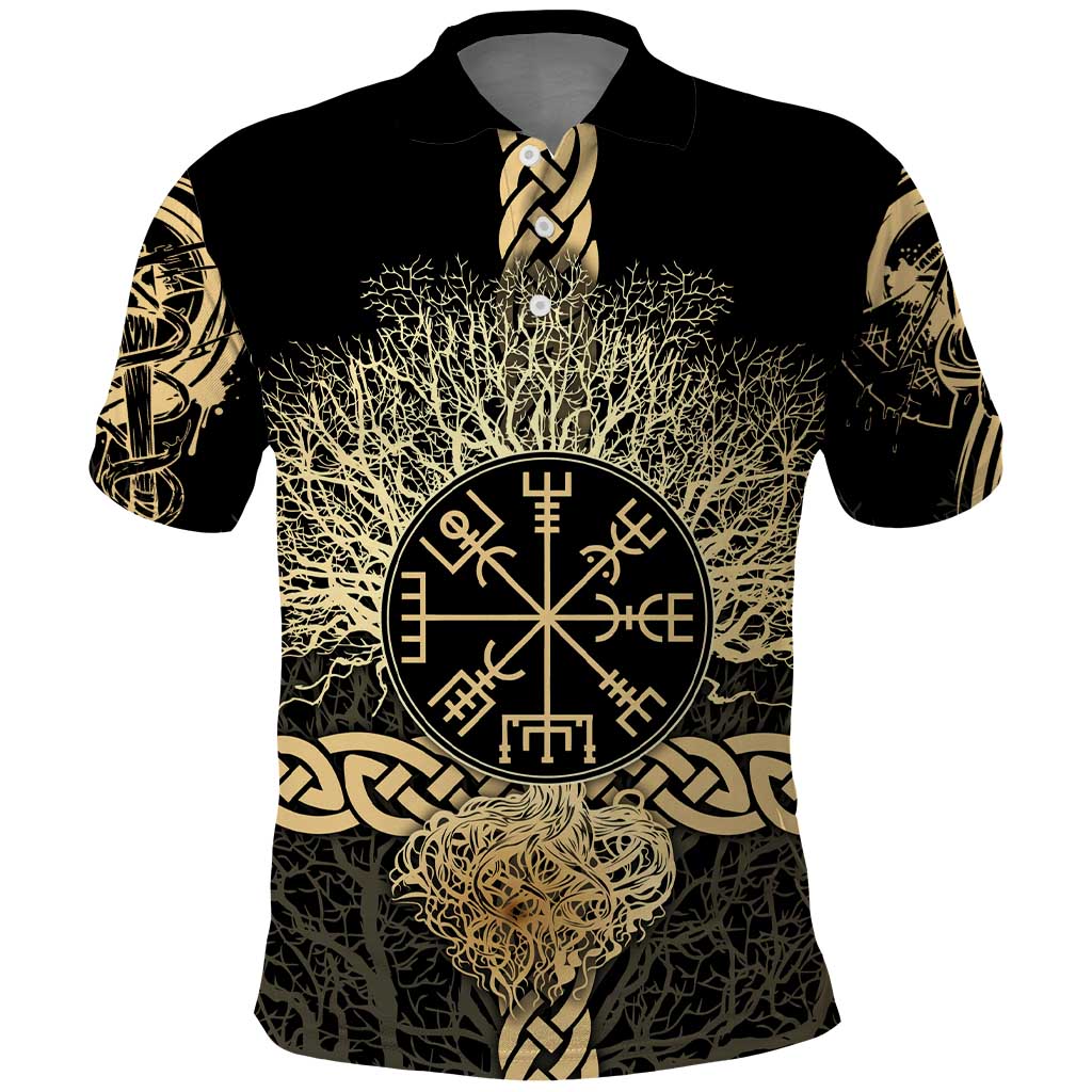 Vegvisir Compass Viking Polo Shirt with Yggdrasil Tree and Axe Symbols Norse Mythology Tribute - Wonder Print Shop