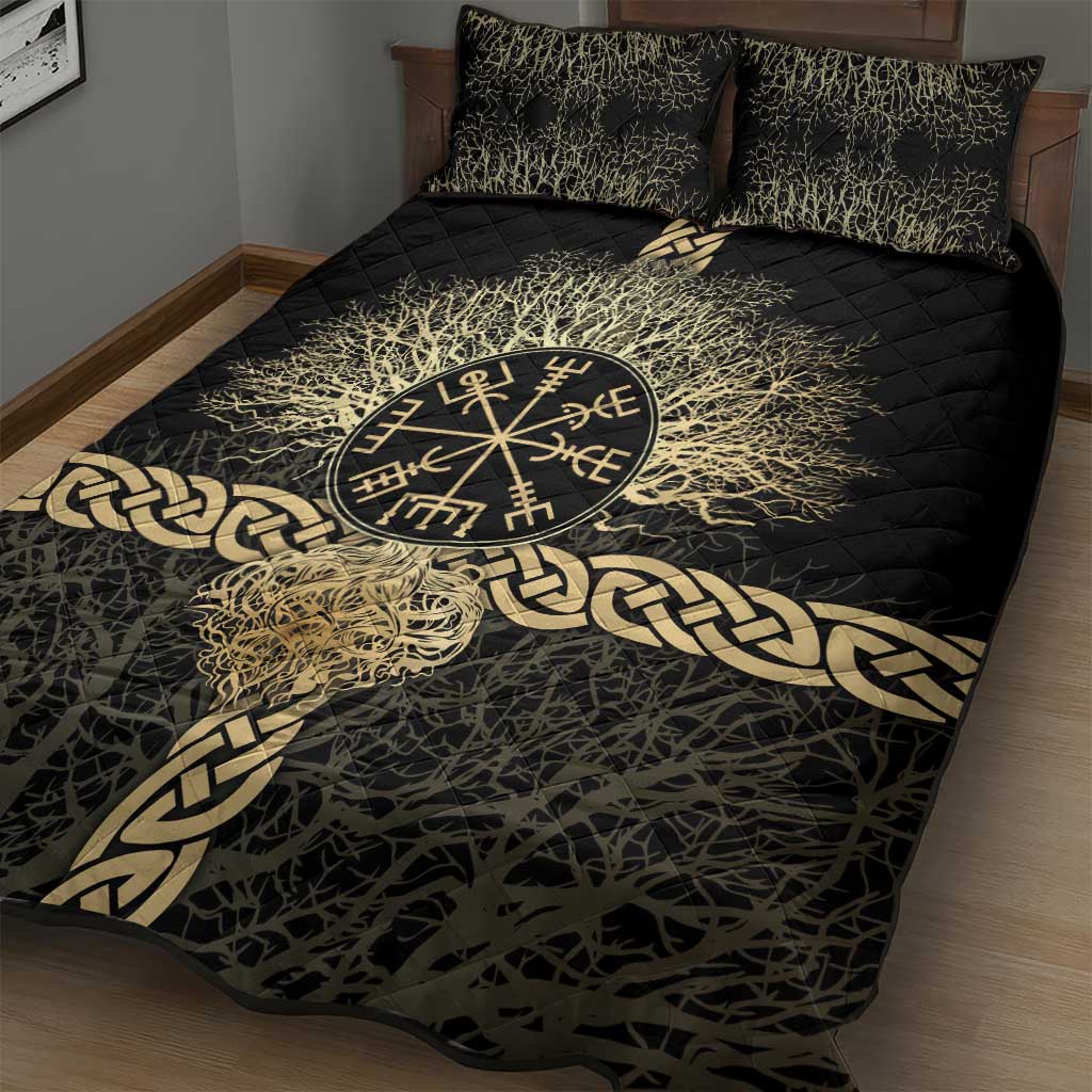 Vegvisir Compass Viking Quilt Bed Set with Yggdrasil Tree and Axe Symbols Norse Mythology Tribute - Wonder Print Shop