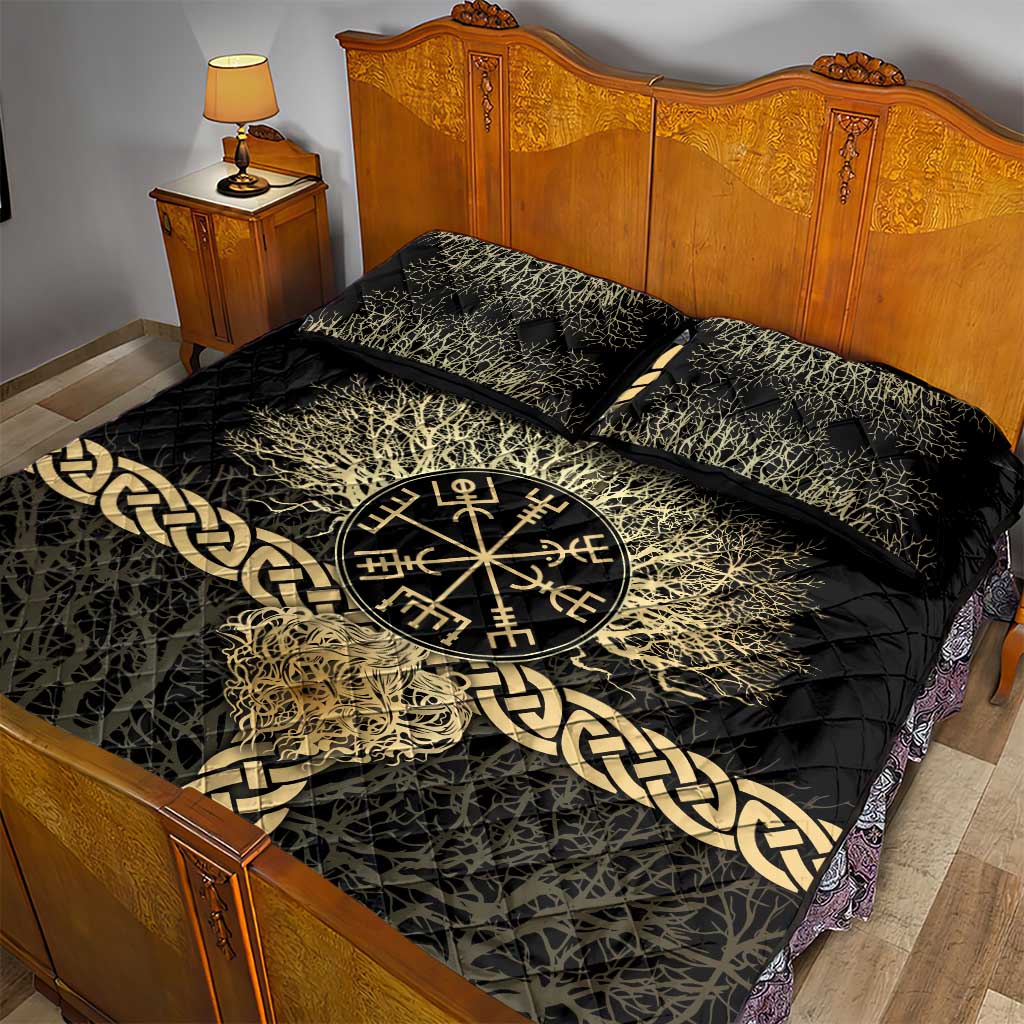 Vegvisir Compass Viking Quilt Bed Set with Yggdrasil Tree and Axe Symbols Norse Mythology Tribute - Wonder Print Shop