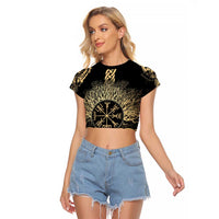 Vegvisir Compass Viking Raglan Cropped T Shirt with Yggdrasil Tree and Axe Symbols Norse Mythology Tribute - Wonder Print Shop