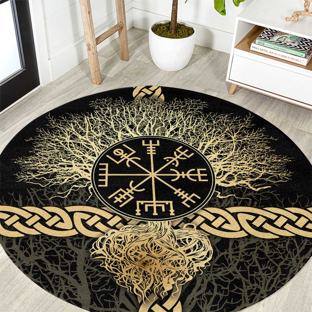 Vegvisir Compass Viking Round Carpet with Yggdrasil Tree and Axe Symbols Norse Mythology Tribute - Wonder Print Shop