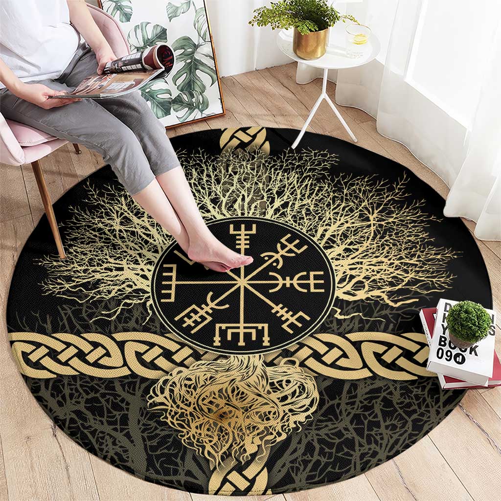 Vegvisir Compass Viking Round Carpet with Yggdrasil Tree and Axe Symbols Norse Mythology Tribute - Wonder Print Shop