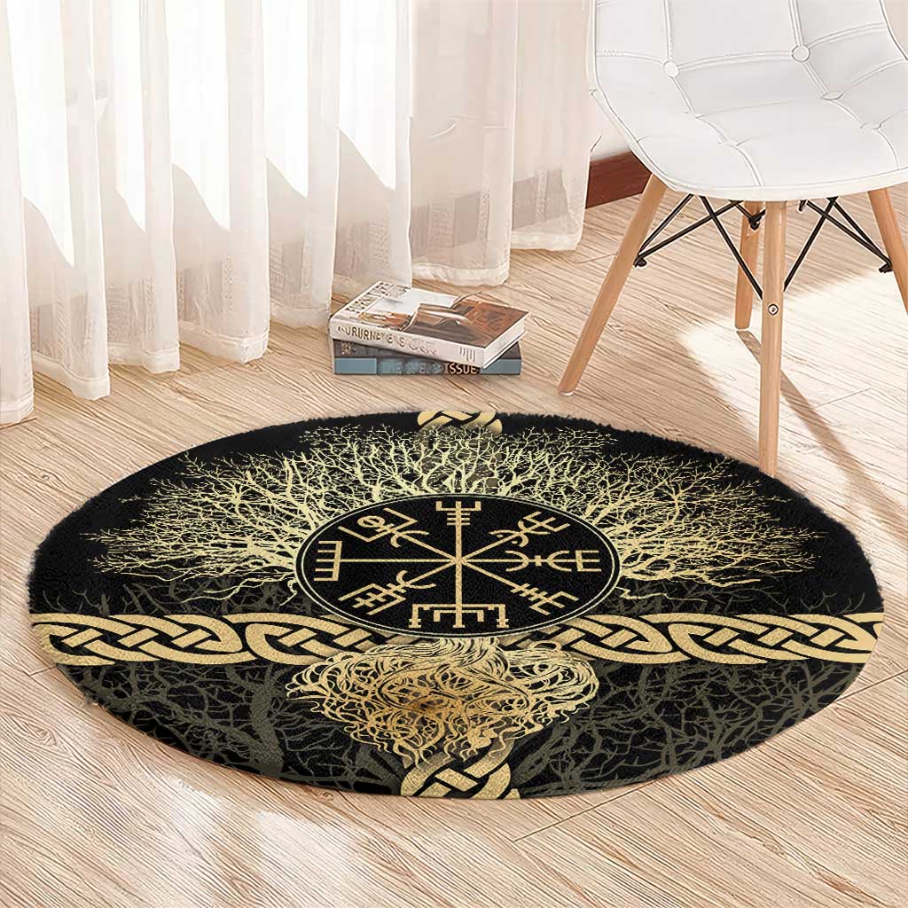 Vegvisir Compass Viking Round Carpet with Yggdrasil Tree and Axe Symbols Norse Mythology Tribute - Wonder Print Shop