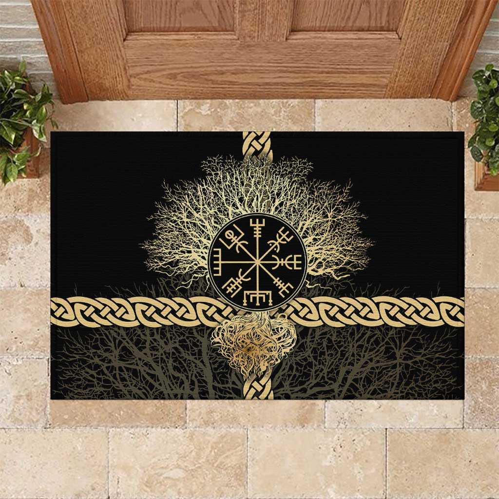 Vegvisir Compass Viking Rubber Doormat with Yggdrasil Tree and Axe Symbols Norse Mythology Tribute - Wonder Print Shop
