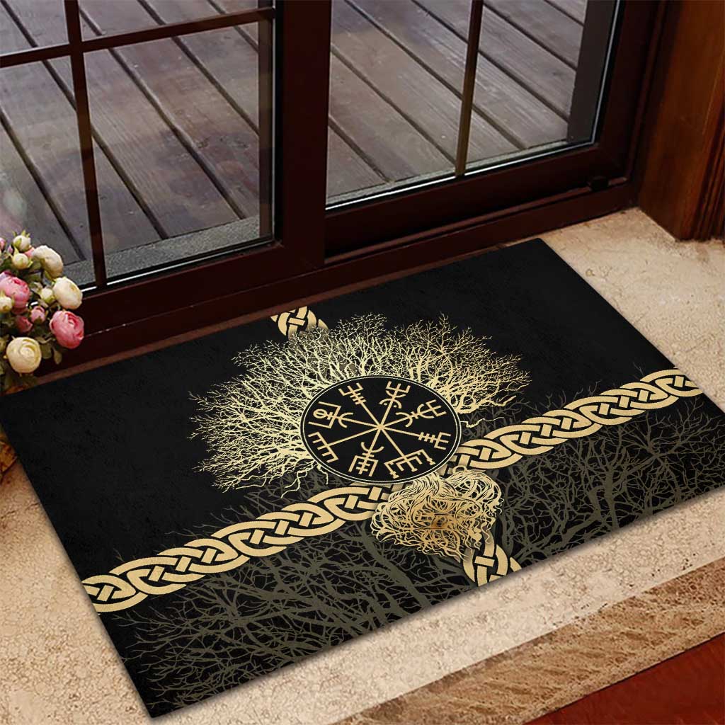 Vegvisir Compass Viking Rubber Doormat with Yggdrasil Tree and Axe Symbols Norse Mythology Tribute - Wonder Print Shop