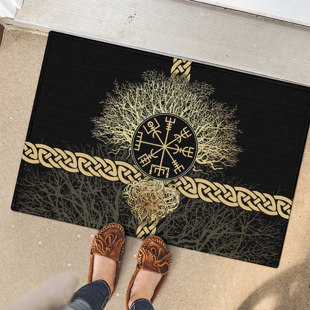 Vegvisir Compass Viking Rubber Doormat with Yggdrasil Tree and Axe Symbols Norse Mythology Tribute - Wonder Print Shop