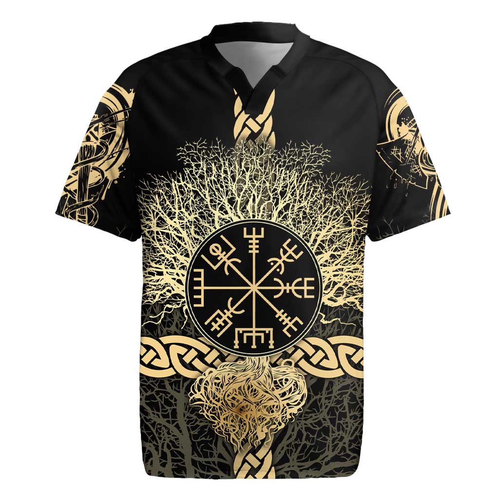 Vegvisir Compass Viking Rugby Jersey with Yggdrasil Tree and Axe Symbols Norse Mythology Tribute - Wonder Print Shop