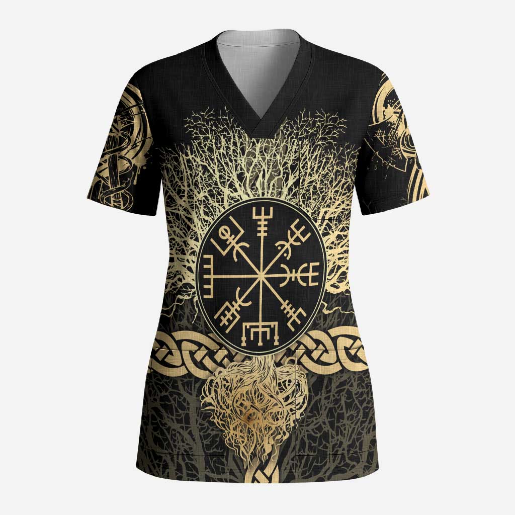 Vegvisir Compass Viking Scrub Top with Yggdrasil Tree and Axe Symbols Norse Mythology Tribute - Wonder Print Shop