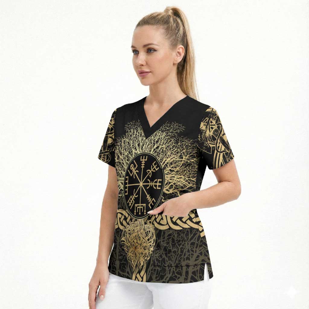 Vegvisir Compass Viking Scrub Top with Yggdrasil Tree and Axe Symbols Norse Mythology Tribute - Wonder Print Shop