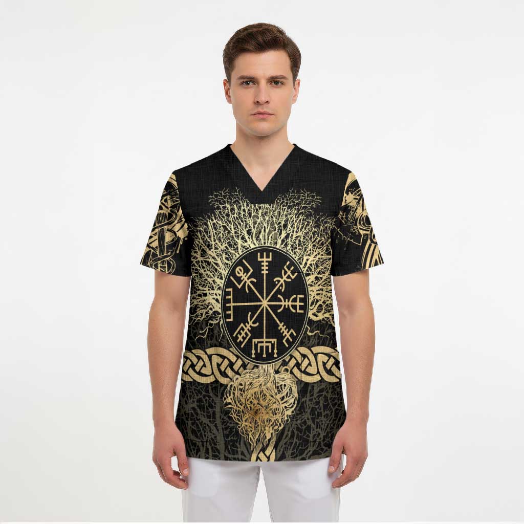 Vegvisir Compass Viking Scrub Top with Yggdrasil Tree and Axe Symbols Norse Mythology Tribute - Wonder Print Shop