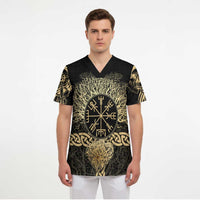 Vegvisir Compass Viking Scrub Top with Yggdrasil Tree and Axe Symbols Norse Mythology Tribute - Wonder Print Shop