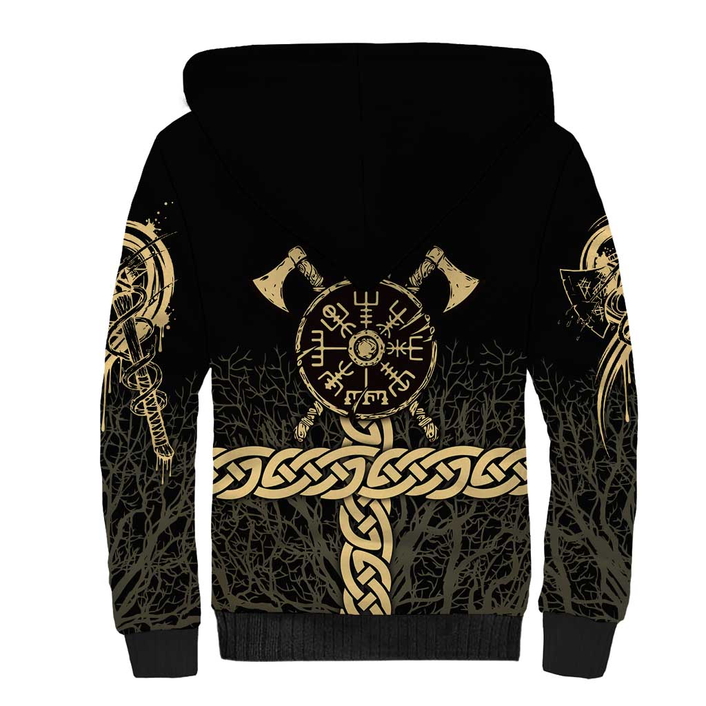 Vegvisir Compass Viking Sherpa Hoodie with Yggdrasil Tree and Axe Symbols Norse Mythology Tribute - Wonder Print Shop
