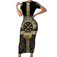 Vegvisir Compass Viking Short Sleeve Bodycon Dress with Yggdrasil Tree and Axe Symbols Norse Mythology Tribute - Wonder Print Shop