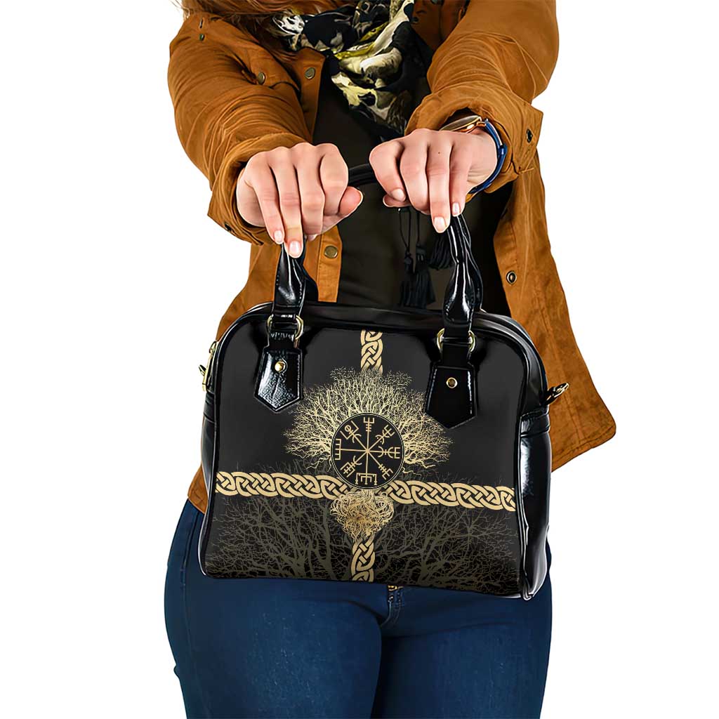 Vegvisir Compass Viking Shoulder Handbag with Yggdrasil Tree and Axe Symbols Norse Mythology Tribute - Wonder Print Shop