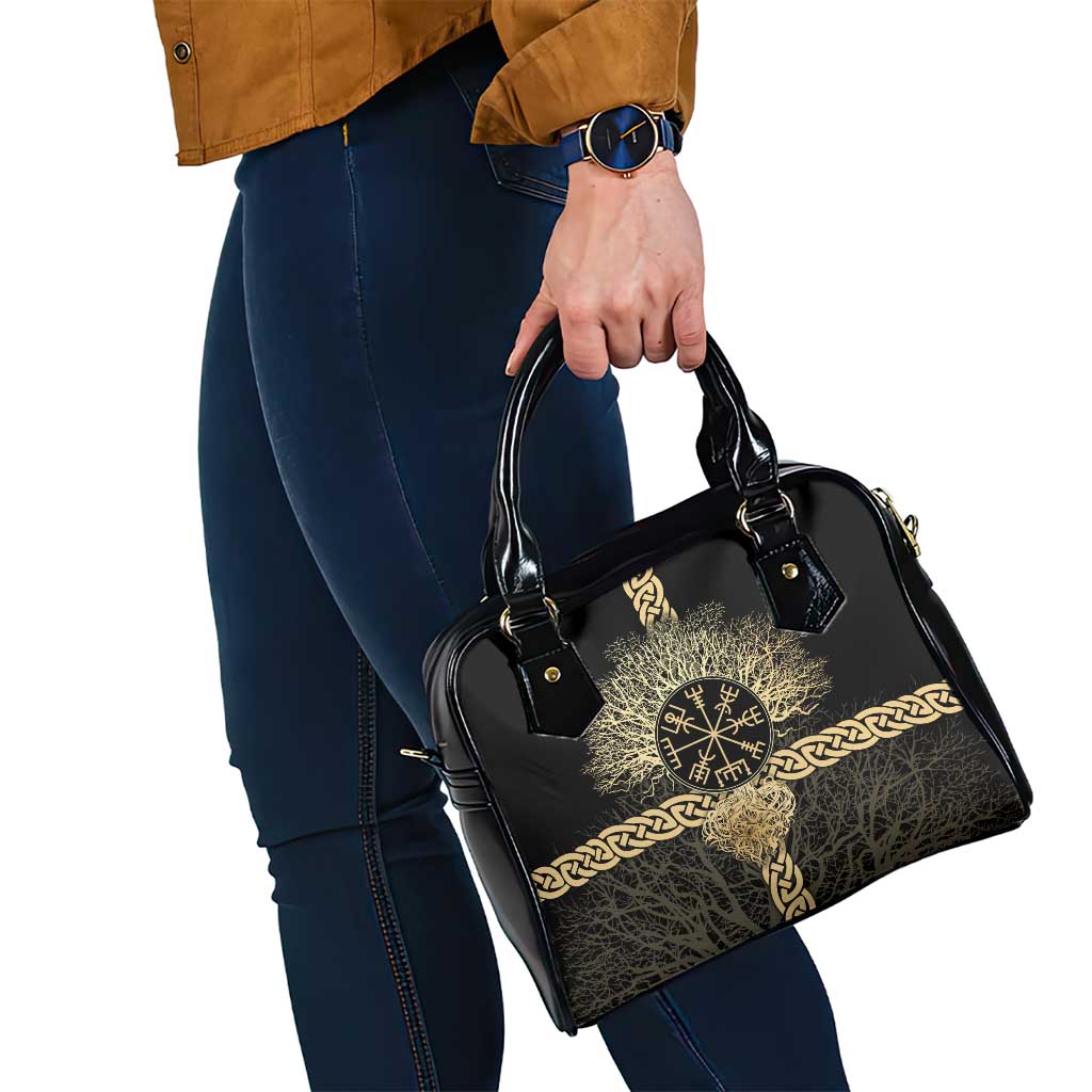 Vegvisir Compass Viking Shoulder Handbag with Yggdrasil Tree and Axe Symbols Norse Mythology Tribute - Wonder Print Shop