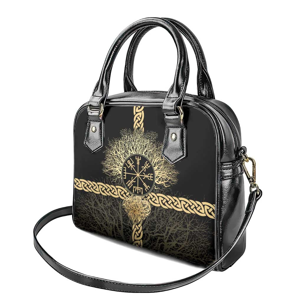 Vegvisir Compass Viking Shoulder Handbag with Yggdrasil Tree and Axe Symbols Norse Mythology Tribute - Wonder Print Shop
