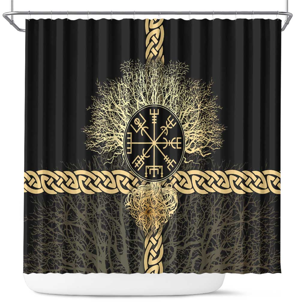 Vegvisir Compass Viking Shower Curtain with Yggdrasil Tree and Axe Symbols Norse Mythology Tribute - Wonder Print Shop