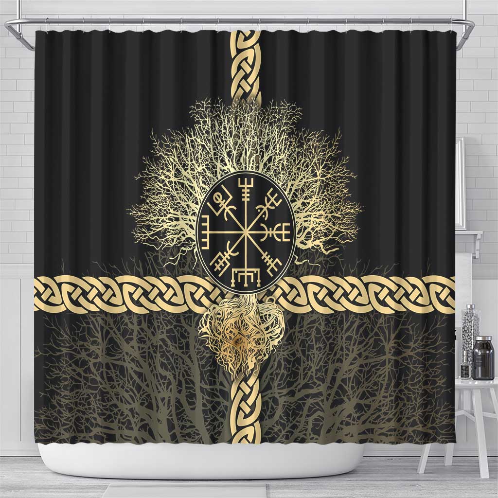Vegvisir Compass Viking Shower Curtain with Yggdrasil Tree and Axe Symbols Norse Mythology Tribute - Wonder Print Shop