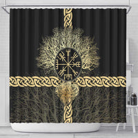 Vegvisir Compass Viking Shower Curtain with Yggdrasil Tree and Axe Symbols Norse Mythology Tribute - Wonder Print Shop