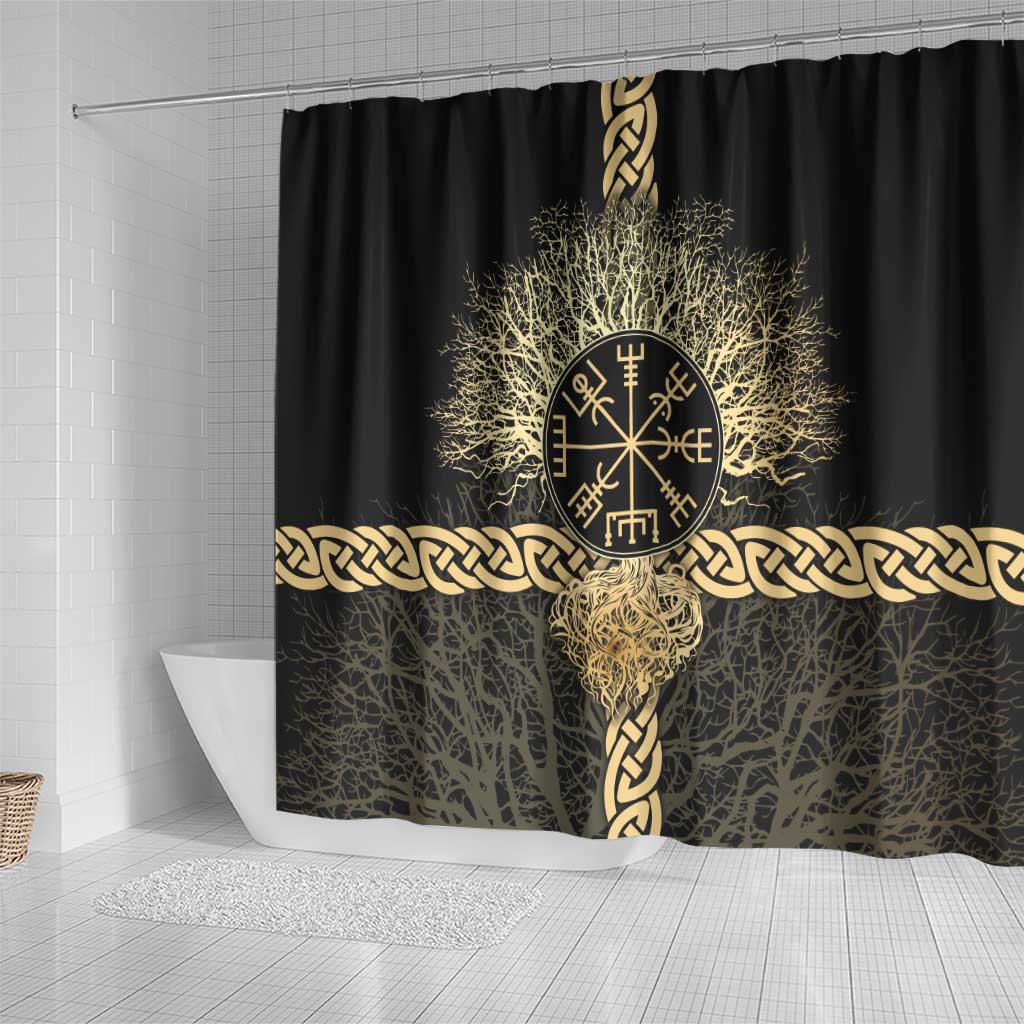 Vegvisir Compass Viking Shower Curtain with Yggdrasil Tree and Axe Symbols Norse Mythology Tribute - Wonder Print Shop