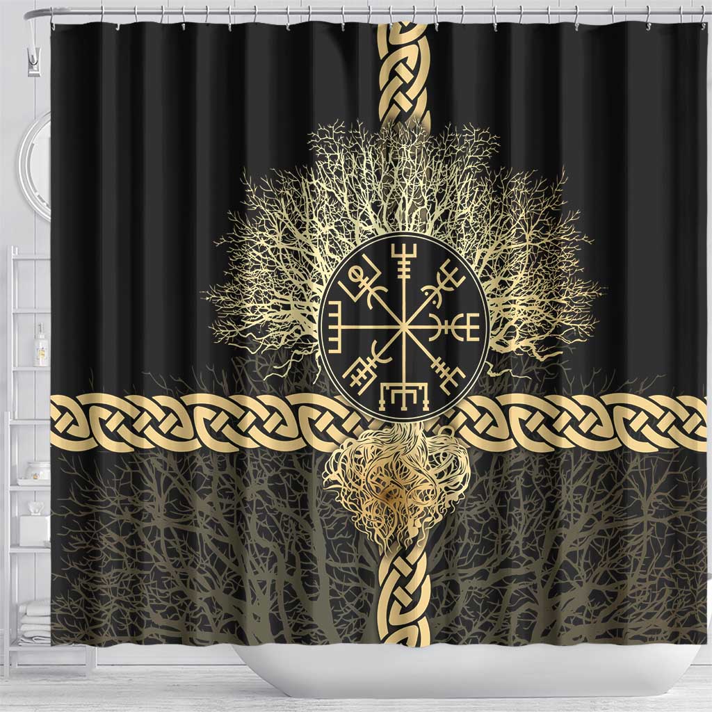 Vegvisir Compass Viking Shower Curtain with Yggdrasil Tree and Axe Symbols Norse Mythology Tribute - Wonder Print Shop