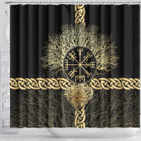 Vegvisir Compass Viking Shower Curtain with Yggdrasil Tree and Axe Symbols Norse Mythology Tribute - Wonder Print Shop