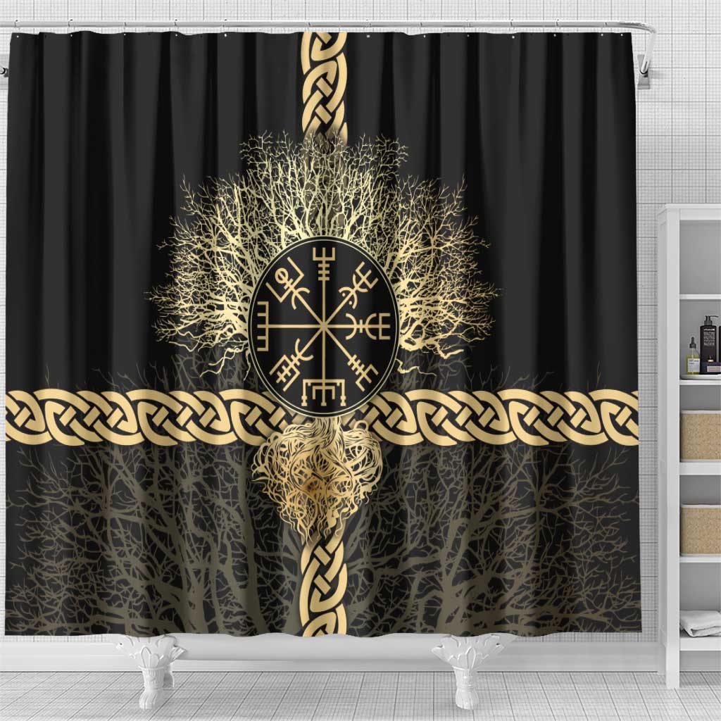 Vegvisir Compass Viking Shower Curtain with Yggdrasil Tree and Axe Symbols Norse Mythology Tribute - Wonder Print Shop