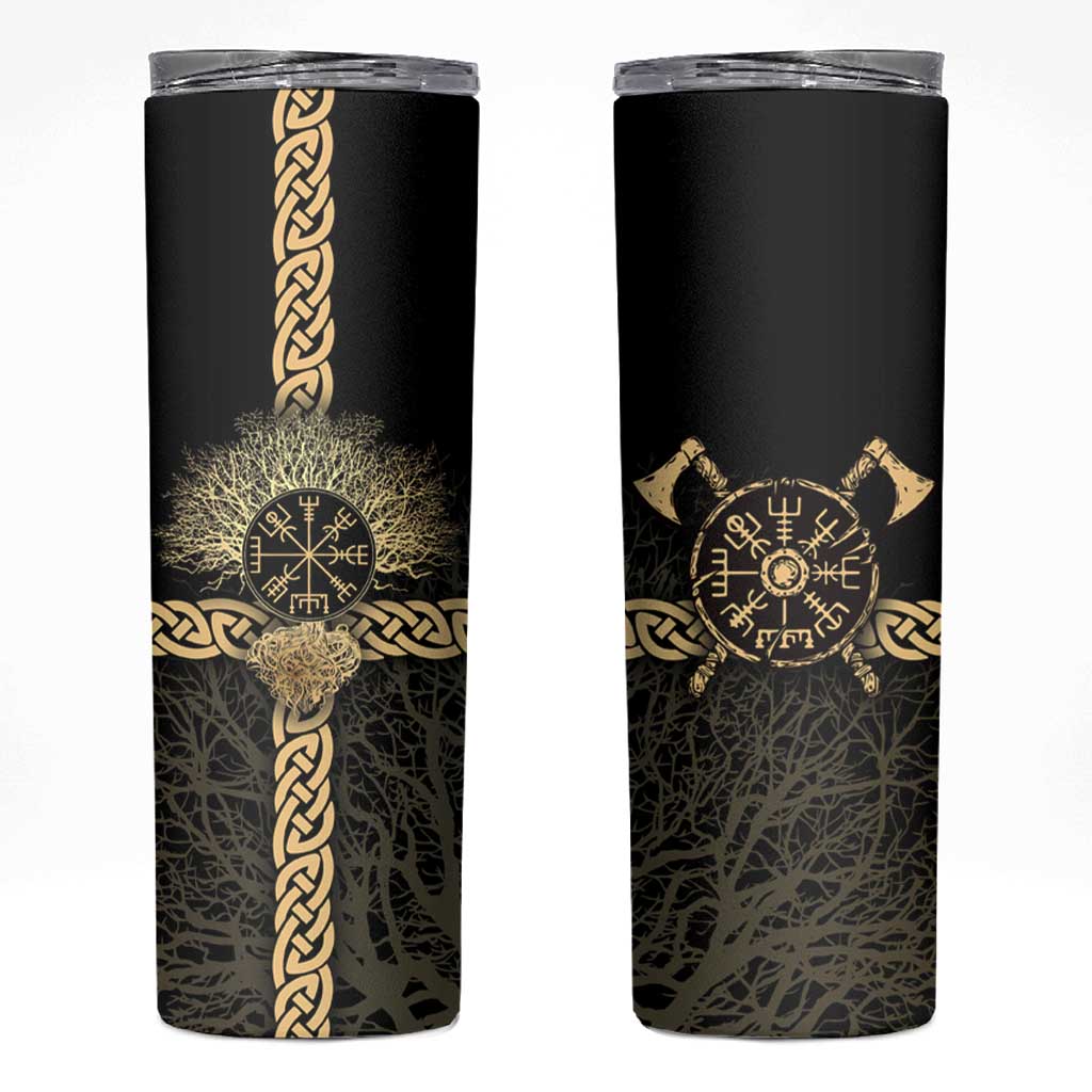 Vegvisir Compass Viking Skinny Tumbler with Yggdrasil Tree and Axe Symbols Norse Mythology Tribute - Wonder Print Shop