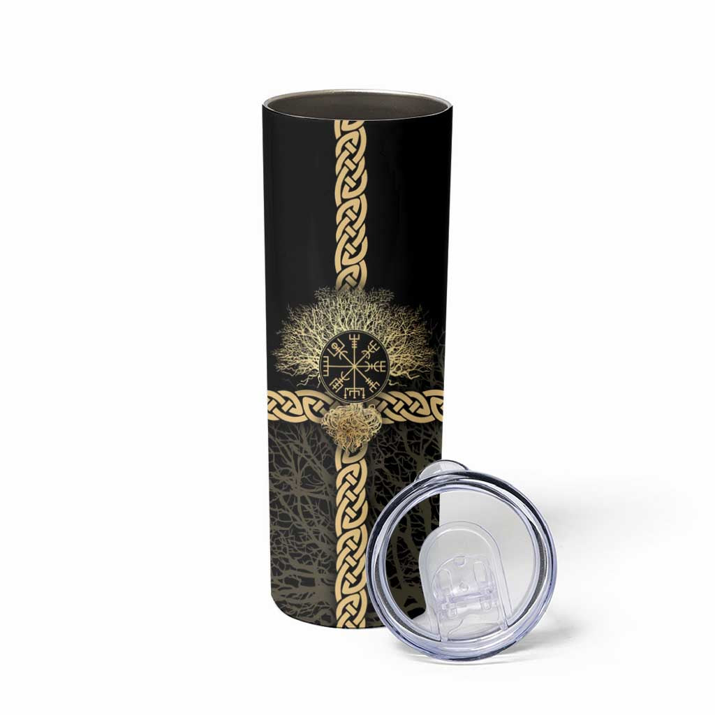 Vegvisir Compass Viking Skinny Tumbler with Yggdrasil Tree and Axe Symbols Norse Mythology Tribute - Wonder Print Shop