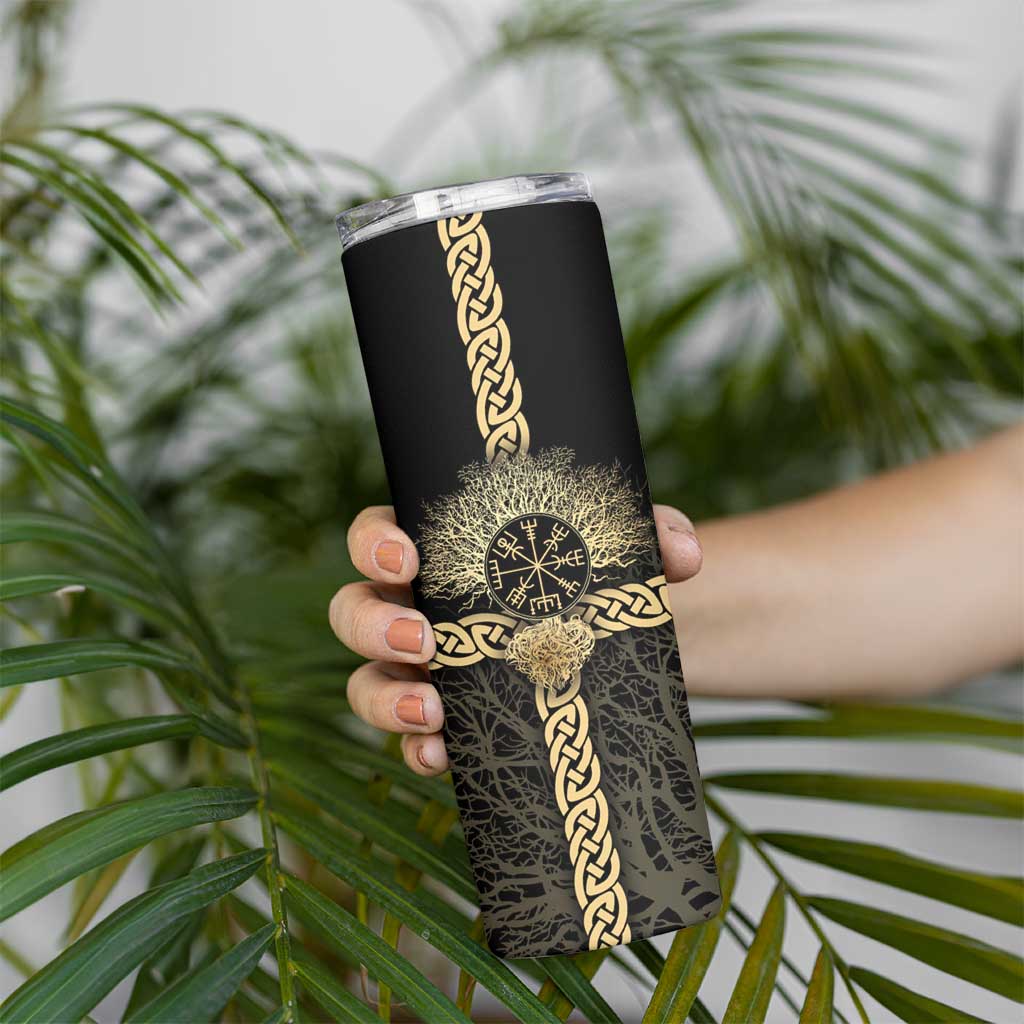 Vegvisir Compass Viking Skinny Tumbler with Yggdrasil Tree and Axe Symbols Norse Mythology Tribute - Wonder Print Shop