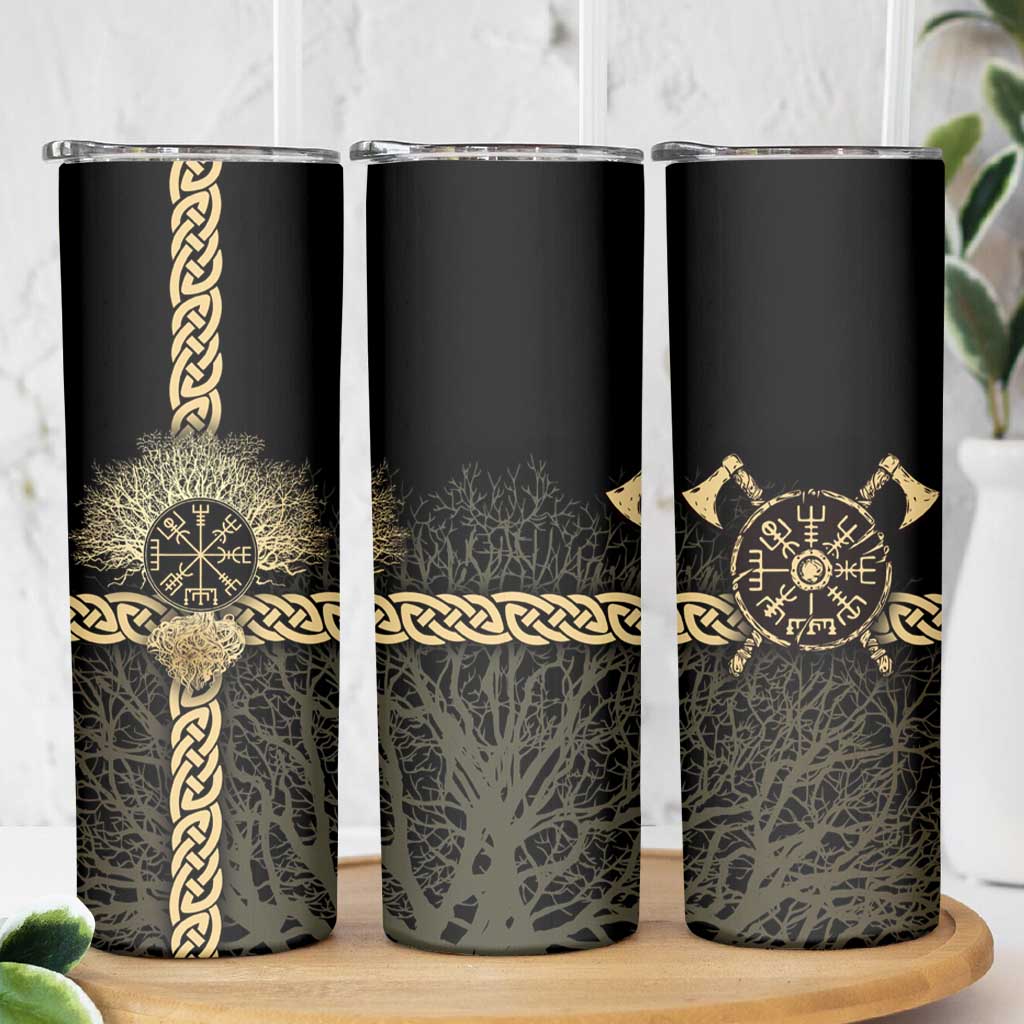 Vegvisir Compass Viking Skinny Tumbler with Yggdrasil Tree and Axe Symbols Norse Mythology Tribute - Wonder Print Shop