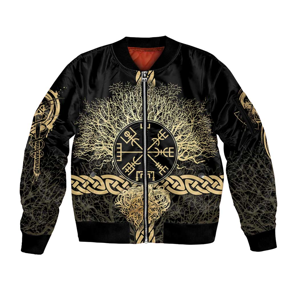 Vegvisir Compass Viking Sleeve Zip Bomber Jacket with Yggdrasil Tree and Axe Symbols Norse Mythology Tribute - Wonder Print Shop
