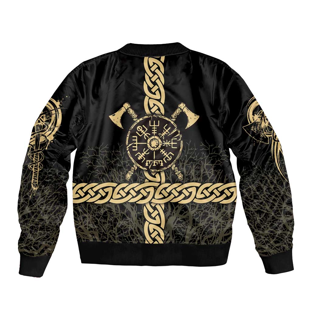 Vegvisir Compass Viking Sleeve Zip Bomber Jacket with Yggdrasil Tree and Axe Symbols Norse Mythology Tribute - Wonder Print Shop