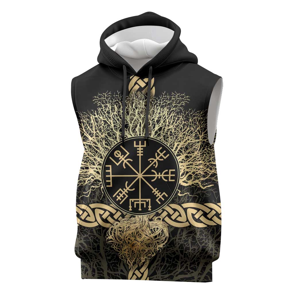 Vegvisir Compass Viking Sleeveless Hoodie with Yggdrasil Tree and Axe Symbols Norse Mythology Tribute - Wonder Print Shop